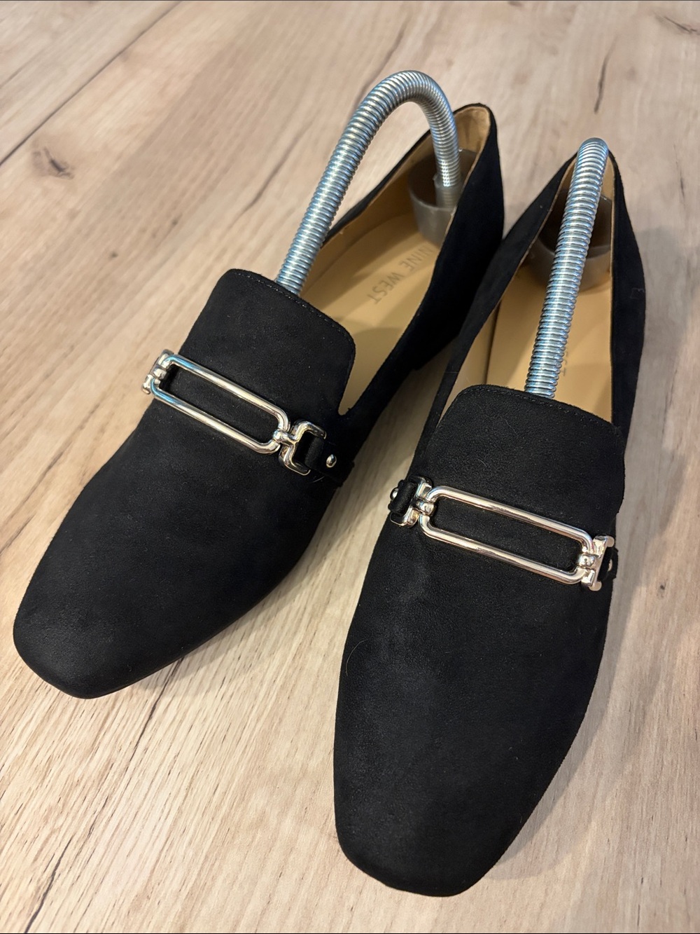 NINE WEST BLACK SUEDE-LOOK BUCKLE LOAFERS SQUARE TOE LOW HEEL SIZE 8